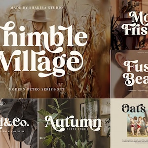 May include: A collection of six different logos featuring a retro-style serif font. The logos are "Thimble Village", "Mom & Frischa", "Fusion Beauty", "Trend & Co.", "Autumn Photo Studio", and "Oats Milk".