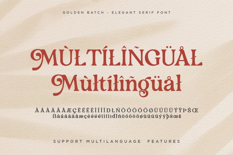 Op de afbeelding: Een digitaal ontwerp met het woord "MULTILING&Uuml;AL" in een decoratief schreeflettertype, herhaald in een kleiner formaat eronder. De tekst is dieprood op een beige achtergrond. Bevat ook tekens en de tekst "SUPPORT MULTILANGUAGE FEATURES."