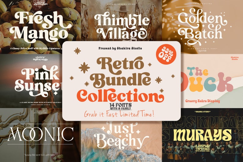 May include: A collection of 14 retro fonts with a 99% off discount. The fonts are displayed in a collage with various colors and styles. The text "Retro Bundle Collection" is featured in a large, bold font.
