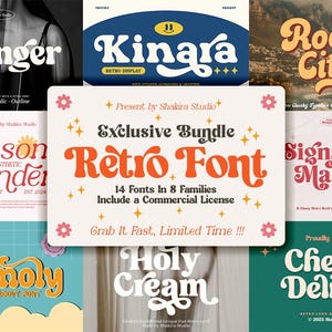 Op de afbeelding: Een verzameling retro lettertypen, waaronder "Kinara" en "Rocky City". De afbeelding toont een "Exclusive Bundle Retro Font" met 14 lettertypen in 8 families, inclusief een commerciële licentie. Het ontwerp heeft een vintage uitstraling.