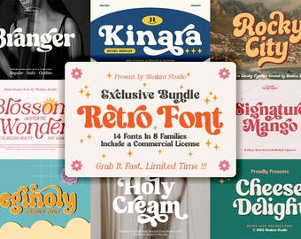 Exclusieve retro-lettertypebundel, 14 lettertypen in 8 families. Vintage display serif, groovy script, gedurfd retro-lettertypepakket, Cricut-lettertype, Canva-lettertype