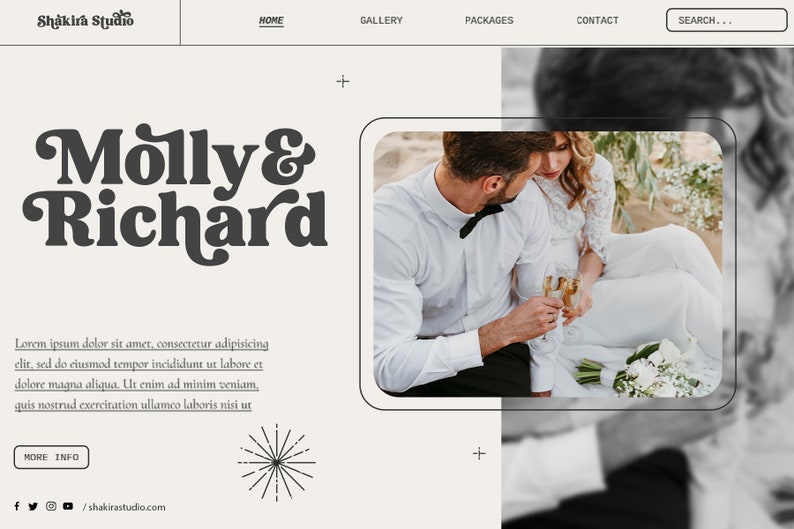 Op de afbeelding: Een zwart-witte schermafbeelding van een website met een stel op een trouwfoto. De website is voor een fotostudio genaamd Shakira Studio. De tekst "Molly & Richard" wordt weergegeven in een groot, gestileerd lettertype.