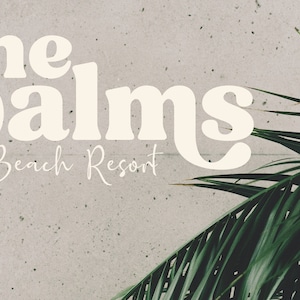 May include: White text on a gray background reads "the palms Beach Resort". A green palm frond is in the bottom right corner of the image.