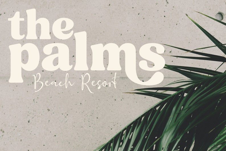 May include: White text on a gray background reads "the palms Beach Resort". A green palm frond is in the bottom right corner of the image.