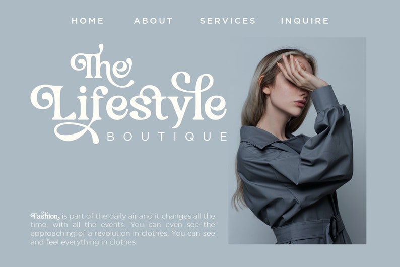 Op de afbeelding: Een lichtblauw website-ontwerp met de tekst "The Lifestyle Boutique" in een decoratief lettertype. De afbeelding bevat een model in een grijze outfit en de tekst "Fashion, is part of the daily air and it changes all the time..."