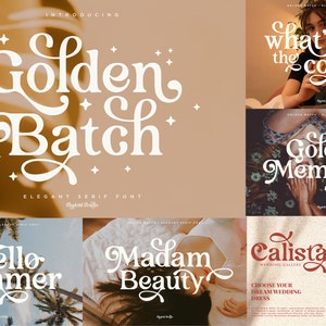 May include: A collection of font designs with a vintage aesthetic. The fonts are displayed in various colors and styles, including "Golden Batch", "Hello Summer", "Madam Beauty", "Calista", "What's the coffee?" and "Golden Memories".