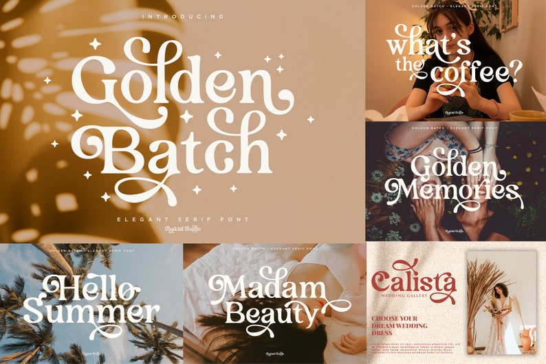 May include: A collection of font designs with a vintage aesthetic. The fonts are displayed in various colors and styles, including "Golden Batch", "Hello Summer", "Madam Beauty", "Calista", "What's the coffee?" and "Golden Memories".
