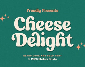 May include: A retro-style graphic with the words "Cheese Delight" in a bold, off-white font. The text "Proudly Presents" and "Retro Look and Bold Font" are also included. The background is a textured teal green with orange starburst accents.