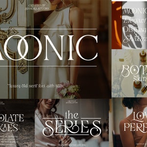May include: A graphic design font called "MONIC" in a white serif font with a decorative flourish. The font is displayed in various examples, including "Chocolate Cookies", "The Series", "Love Perfume", and "Botanic Skincare".