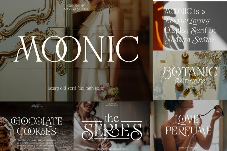 May include: A graphic design font called "MONIC" in a white serif font with a decorative flourish. The font is displayed in various examples, including "Chocolate Cookies", "The Series", "Love Perfume", and "Botanic Skincare".