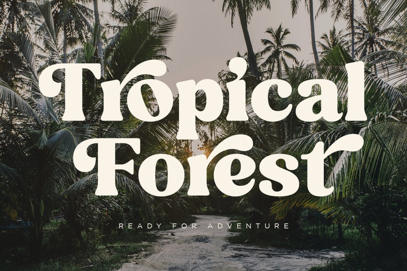 May include: A white text graphic on a background of lush green palm trees reads "Tropical Forest" with the tagline "Ready for Adventure".
