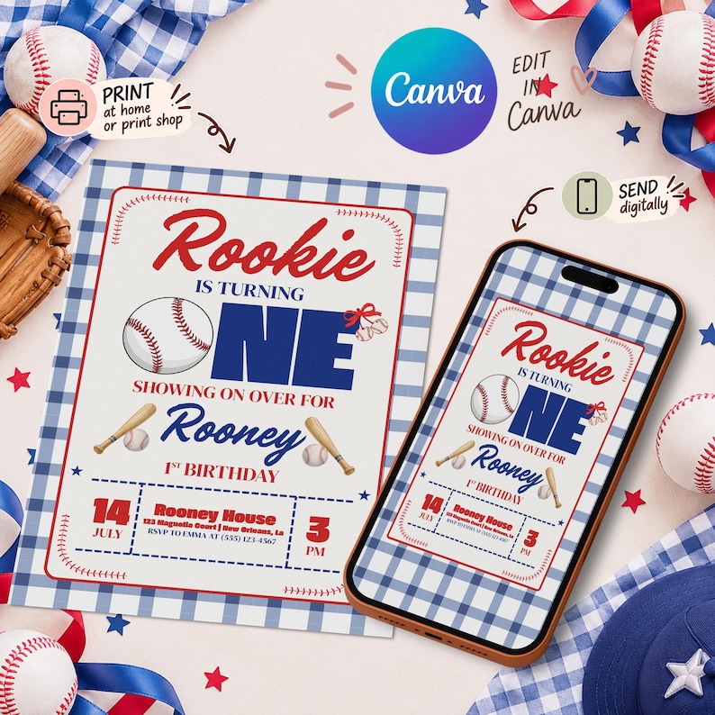 Baseball Birthday Invitation, Rookie is Turning One, Blue Gingham ...