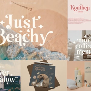 May include: A collage of images featuring a modern serif font called "Just Beachy". The font is used in various designs, including a beach scene, a coffee cup, and a wedding invitation. The font is white and has a vintage, whimsical style.