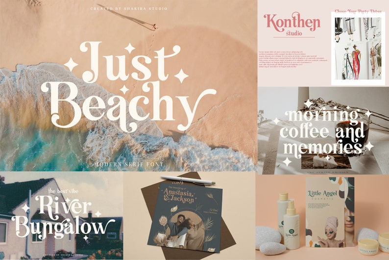 May include: A collage of images featuring a modern serif font called "Just Beachy". The font is used in various designs, including a beach scene, a coffee cup, and a wedding invitation. The font is white and has a vintage, whimsical style.