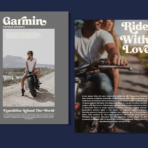 May include: Two magazine covers with a retro font style. The first cover features a woman sitting on a motorcycle in a desert landscape with the text "Garmin touring & adventure" and "Expedition Around The World". The second cover features a couple riding a motorcycle with the text "Ride With Love".