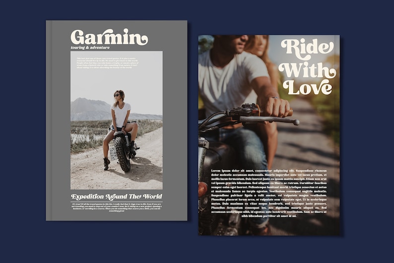 May include: Two magazine covers with a retro font style. The first cover features a woman sitting on a motorcycle in a desert landscape with the text "Garmin touring & adventure" and "Expedition Around The World". The second cover features a couple riding a motorcycle with the text "Ride With Love".