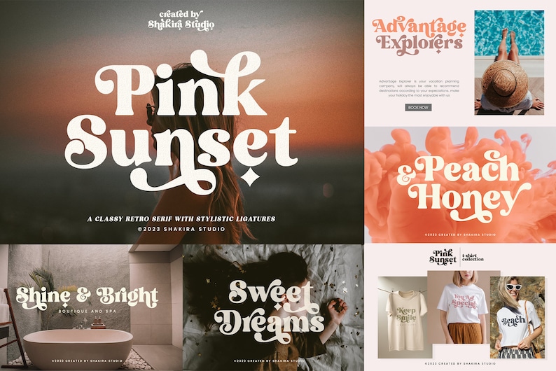 May include: A retro font design called "Pink Sunset" with a classy serif style and stylistic ligatures. The font is shown in various examples, including "Shine & Bright Boutique and Spa", "Sweet Dreams", "Advantage Explorers", and "& Peach Honey".