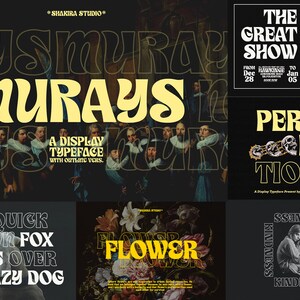 May include: A collection of six different designs featuring a retro-style font with bold, rounded letters. The designs include the words "Rays Murrays", "The Great Show", "Perfection", "The Quick Brown Fox Jumps Over The Lazy Dog", "Flower", and "Kindness".