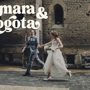 May include: A bride and groom walking down a brick pathway, holding hands. The bride is wearing a white wedding dress and the groom is wearing a gray suit. The text "Tamara & Bogota" is at the top of the image. The text "REAL LOVE AMOUNTS TO WITHHOLDING THE TRUTH, EVEN WHEN YOU'RE OFFERED THE PERFECT OPPORTUNITY TO HURT SOMEONE'S FEELINGS" is at the bottom of the image. The text "SATURDAY 20TH NOVEMBER 2022" is at the bottom of the image.
