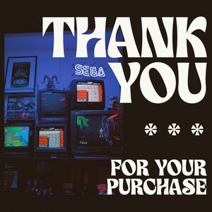 May include: A retro-style graphic design with the text "THANK YOU FOR YOUR PURCHASE" in white letters on a black background. The design features a wall with multiple vintage televisions playing video games, and the text "MURAYS DISPLAY" and "SHARIRA DESIGN" on the sides.