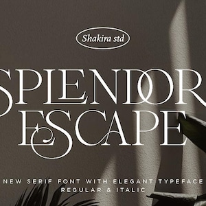 Peut inclure: Une conception graphique avec les mots "SPIENDOR ESCAPE" en police serif blanche. Le texte est placé sur un fond sombre avec les mots "ELEGANT" et "MODERN" en haut. Le texte "NEW SERIF FONT WITH ELEGANT TYPEFACE REGULAR & ITALIC" est en bas.