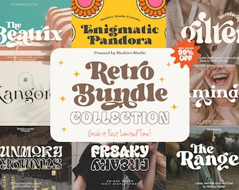 May include: A collection of retro fonts with a 99% off discount. The fonts are displayed in a variety of styles, including bold, script, and playful. The fonts are all in a retro style, with a focus on the 1970s.