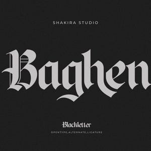 May include: A black background with the white text "Baghen" in a gothic font. The text "Shakira Studio" is above the main text, and "Blackletter" is below. The year "2024" is on the right, and "estd" is on the left.