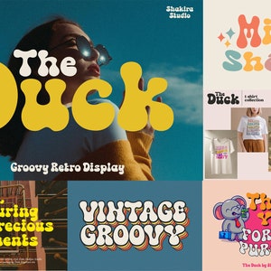 May include: A collection of colorful, retro-style font designs with the words "The Duck", "Groovy Retro Display", "Vintage Groovy", "Milk Shake", "Capturing life's precious moments", and "Thank You! For Your Purchase".
