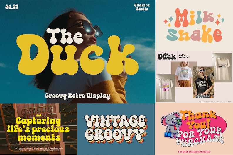 May include: A collection of colorful, retro-style font designs with the words "The Duck", "Groovy Retro Display", "Vintage Groovy", "Milk Shake", "Capturing life's precious moments", and "Thank You! For Your Purchase".