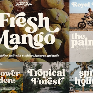 May include: A retro font design with the words "Fresh Mango" in white on a background of green mangoes. The font is a serif font with stylistic ligatures and italics. The text "A Classy Retro Serif with Stylistic Ligatures and Italic" is below the main text.