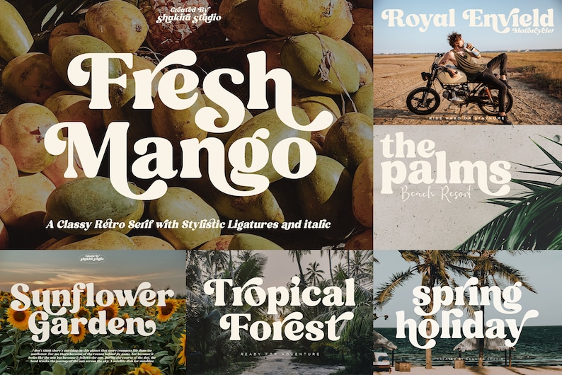 May include: A retro font design with the words "Fresh Mango" in white on a background of green mangoes. The font is a serif font with stylistic ligatures and italics. The text "A Classy Retro Serif with Stylistic Ligatures and Italic" is below the main text.
