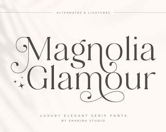 May include: A digital graphic featuring the words "Magnolia Glamour" in an elegant serif font. The text is dark gray on a light beige background, with the words "Alternates & Ligatures" and "Luxury Elegant Serif Fonts" also displayed.