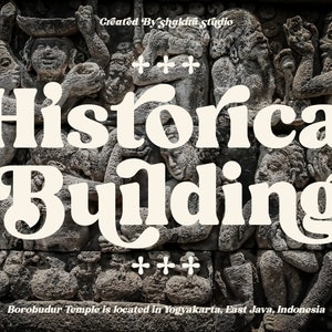May include: A close-up of a stone carving of a temple in Indonesia. The text "Historical Building" is superimposed on the image. The text "Borobudur Temple is located in Yogyakarta, East Java, Indonesia" is at the bottom of the image.