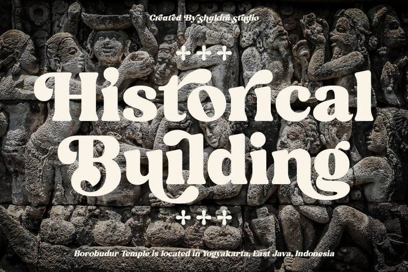 May include: A close-up of a stone carving of a temple in Indonesia. The text "Historical Building" is superimposed on the image. The text "Borobudur Temple is located in Yogyakarta, East Java, Indonesia" is at the bottom of the image.