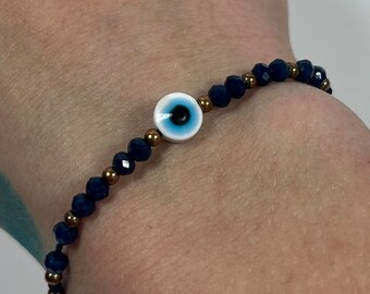 Evil Eye Bracelet w/ Blue & Gold Beads