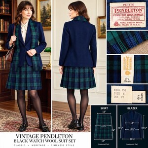May include: A navy blue wool blazer and a pleated Black Watch plaid skirt suit set. The blazer features a notched lapel and the skirt has a plaid pattern. Labels indicate 100% virgin wool, size 6, and dry clean only. Measurements are shown in inches.