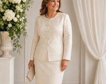 Vintage Leslie Fay Skirt Suit 12 Ivory Floral Jacquard NOS Mother of Bride