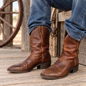Könnte beinhalten: Ein Paar wadenhohe Cowboystiefel aus braunem Leder mit strukturierter Oberfläche, abgerundeten Zehenpartien und niedrigen, geschichteten Absätzen, getragen zu einer blauen Jeans. Die Stiefel haben traditionelle Ziernähte am Schaft.