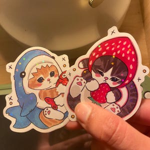 May include: Two die-cut stickers featuring illustrated cats. One sticker shows an orange tabby cat wearing a blue shark costume holding a red fish. The other sticker shows a grey and white cat wearing a red strawberry hood holding a strawberry.