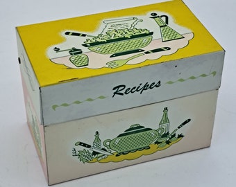 Vintage Recipe Box with Recipes - Metal Mid Century Design - Ohio Art Co. - Pink, Blue, Green, Yellow