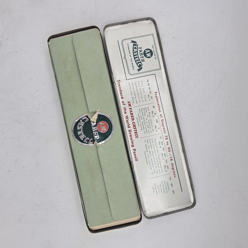 Op de afbeelding: Een open, vintage potloodkoker van Faber-Castell, in lichtgroen en zilver metaal. De koker is rechthoekig en bevat een papieren inzetstuk met tekst. Het Faber-Castell-logo staat op de koker.