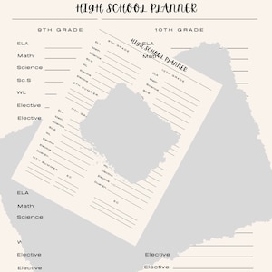 May include: A black and white high school planner with a torn edge. The planner is divided into sections for each grade level, from 9th to 12th grade. Each section includes spaces for subjects like ELA, Math, Science, and electives.