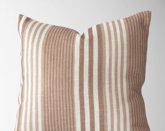 Rylee Block Print Vintage Stripe Pillow Cover in Coffee || 20x20 Pillow Cover || Open Weave Modern Vintage Pillow Cover in Coffee