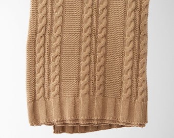 Luna Cable Knit Cotton Throw in Beige || 100% Cotton Throw || Cable-Knit Throw in Beige || Classic Beige Throw