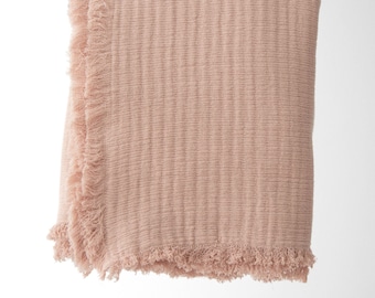 Evie Cloud Gauze with Frayed Edge Cotton Throw in Blush || 100 % Cotton Throw || Frayed Edge Throw in Blush
