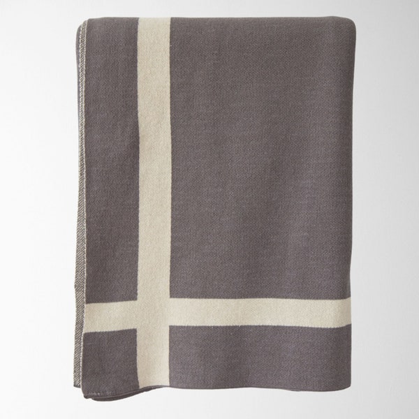 Jouri Equestrian Stripe Cotton Knit Throw in Charcoal || 100 % Cotton Throw || Charcoal Throw with Striped Border