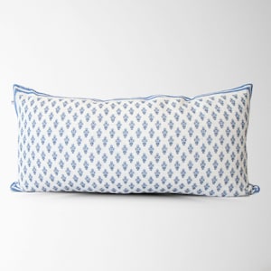 Blue Block Print Lumbar Pillow Cover || Blue Floral Pillow Cover || Accent Throw Pillow || Bordered Pillow|| 14 X 28 Pillow Cover || Celeste