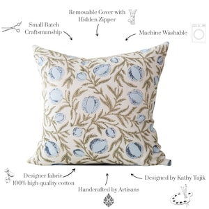 May include: A square decorative pillow with a cream background and a repeating pattern of blue fruit and brown leaves. The pillow is made of designer fabric and 100% high-quality cotton. It has a removable cover with a hidden zipper and is machine washable.