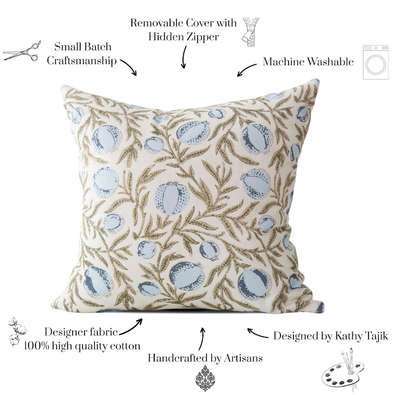 May include: A square decorative pillow with a cream background and a repeating pattern of blue fruit and brown leaves. The pillow is made of designer fabric and 100% high-quality cotton. It has a removable cover with a hidden zipper and is machine washable.