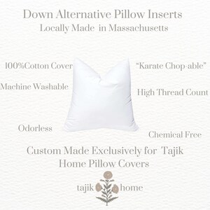 May include: White down alternative pillow insert with a 100% cotton cover. The pillow is machine washable, odorless, and chemical free. It is custom made exclusively for Tajik Home Pillow Covers. The text "Karate Chop-able" and "High Thread Count" are visible on the image.